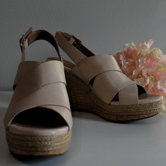 Clarks Amelia Dally Ecru Leather Espadrille Wedge Sandals - Picture 4 of 12